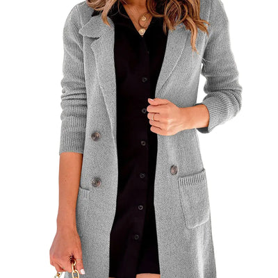 Danedvi Women Open Front Lapel Collar Cardigan Button Down Long Sweaters Cardigan Solid Outerwear Coats Gray