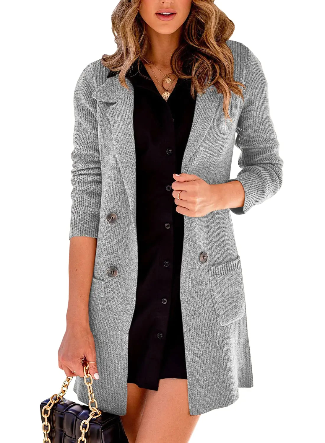 Danedvi Women Open Front Lapel Collar Cardigan Button Down Long Sweaters Cardigan Solid Outerwear Coats Gray