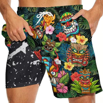 Tropical Hawaiian Mens Swim Trunks with Compression Liner 7 Inch Swimming Trunks Men Bathing Suits Board Shorts 3XL