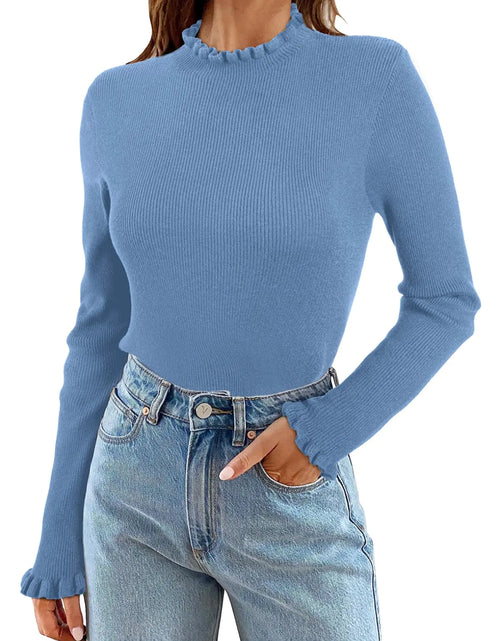 Load image into Gallery viewer, EVALESS Fall Sweaters for Women 2024 Casual Ruffle Crewneck Long Sleeve Pullover Sweaters Cute Ribbed Knit Slim Fit Solid Color Sweater Basic Base Layer Tops Clothes Blue Small
