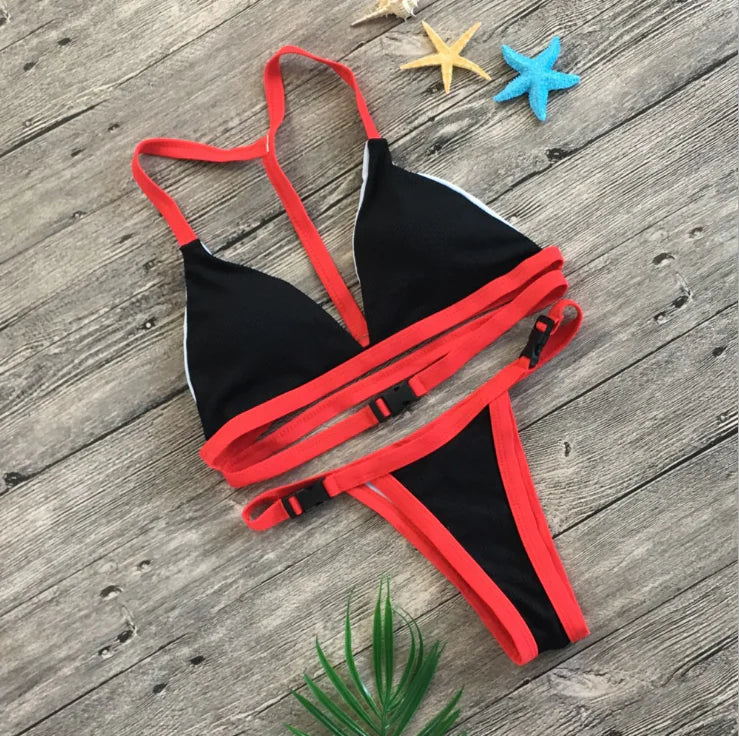 Solid Color Bikini Set with Buckle Swimwear