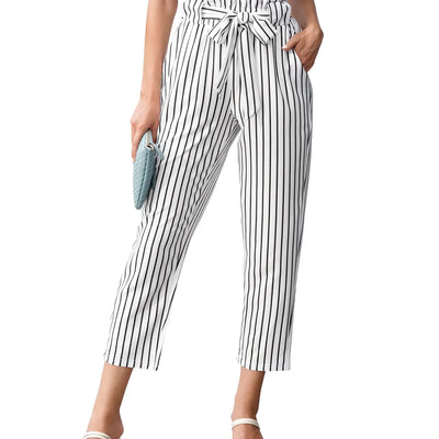 GRACE KARIN Women Pants Striped High Waist Pants Casual Paper Bag Pants with Pockets XL