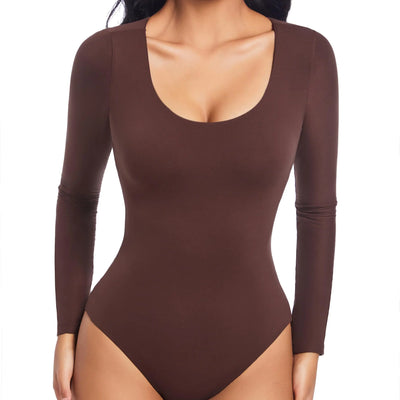 GLOWSUMM Bodysuits de manga larga con cuello redondo y doble forro para mujer, ligeros y suaves, sexy, tipo tanga, camisetas básicas (Coffee X-Large)