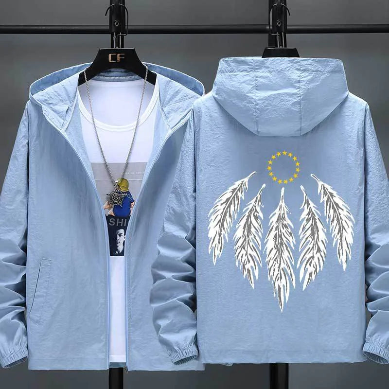 Hooded Jacket with Feather Print Plus Size Jacket