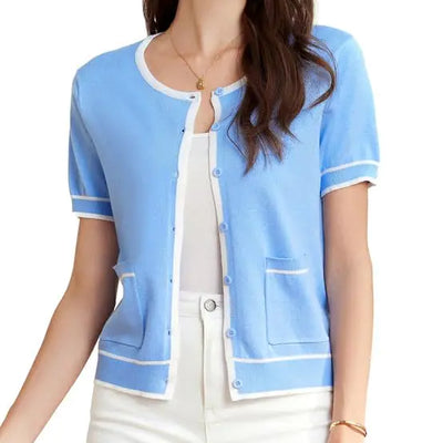 Womens Shrug Sweaters Ribbed Knit Sweater Tops Crew Neck Short Sleeve Contrast Cardigan Striped Trim Knit Blouse