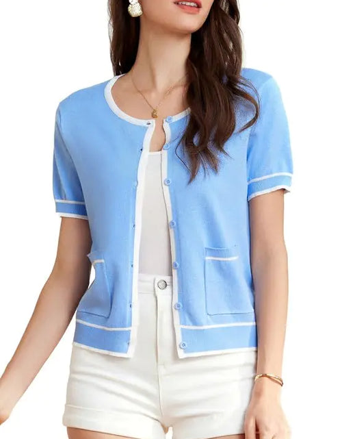 Load image into Gallery viewer, Womens Shrug Sweaters Ribbed Knit Sweater Tops Crew Neck Short Sleeve Contrast Cardigan Striped Trim Knit Blouse
