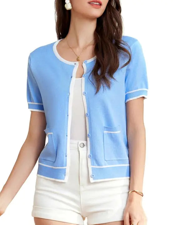 Womens Shrug Sweaters Ribbed Knit Sweater Tops Crew Neck Short Sleeve Contrast Cardigan Striped Trim Knit Blouse