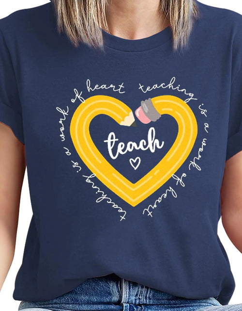 Load image into Gallery viewer, Teacher Shirts Women Teaching Heart Graphic Tshirts Inspirational Teach Life Tee Tops Blue
